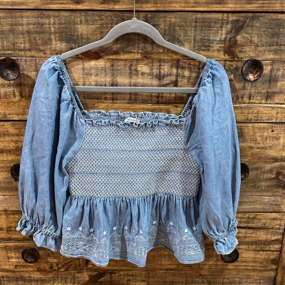 American Eagle Outfitters Denim Smocked Blouse‎